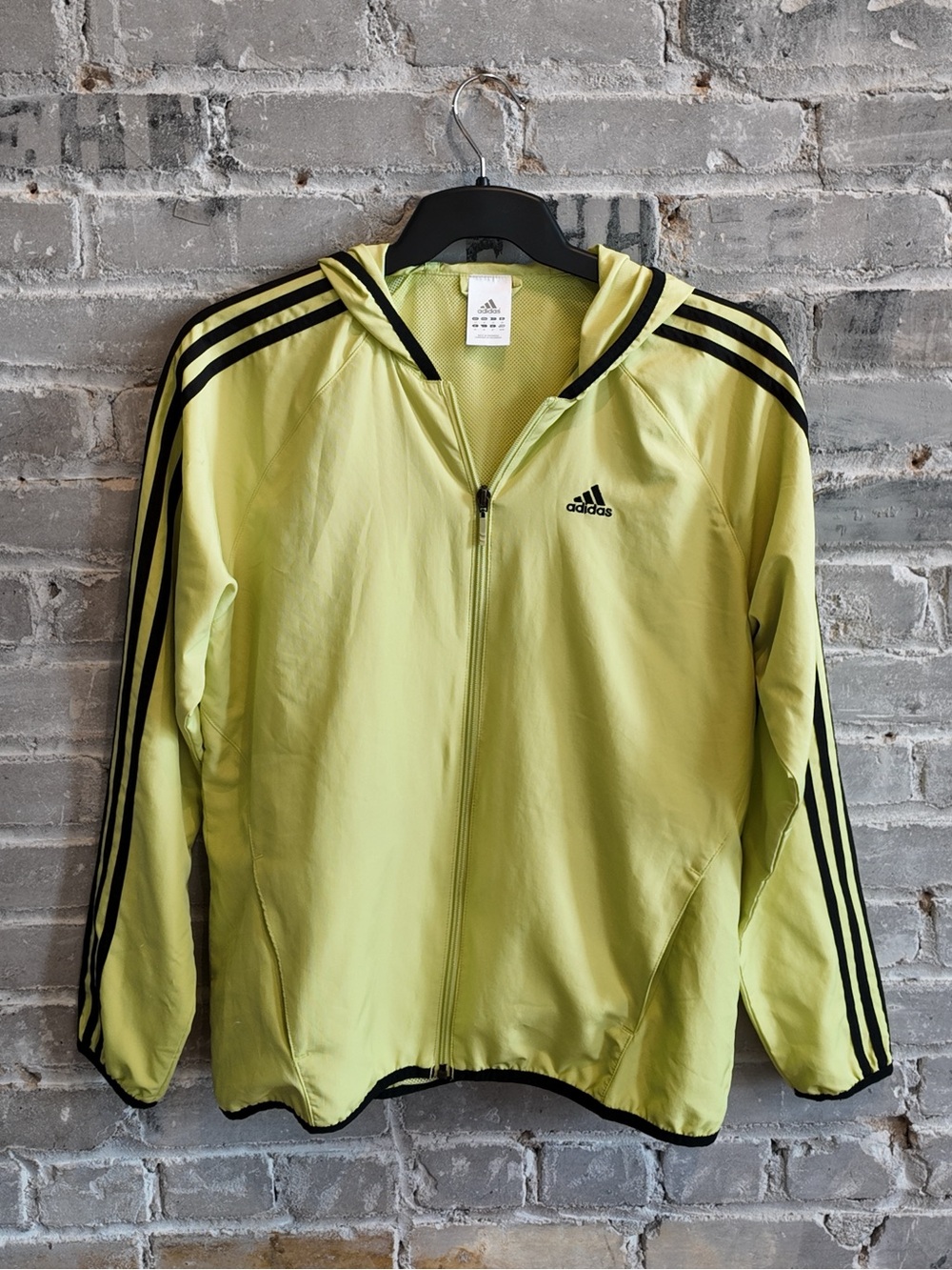 Adidas Lime Green 3-Stripe Hooded Windbreaker Jacket Medium